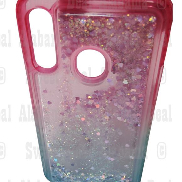 Cellphone Case For Samsung Galaxy A20s, Pink/Aqua w/ Glitter/Hearts Quicksand - Picture 3 of 6